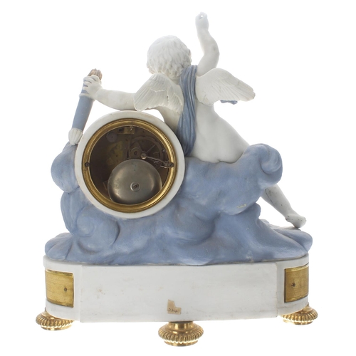 1508 - French Parian Ware two train drumhead figural mantel clock striking on a bell, the 3.75