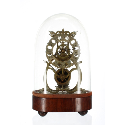 1510 - Good brass single fusee skeleton clock, signed Heslop, Huddersfield on the silvered oval pierced cha... 