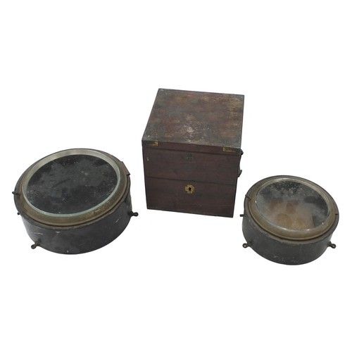 2014 - Old mahogany brass bound double hinged marine chronometer case; also two cast iron bulk head ship cl... 