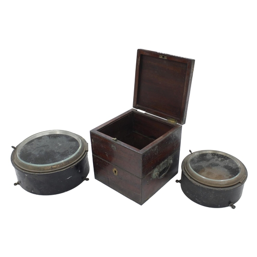 2014 - Old mahogany brass bound double hinged marine chronometer case; also two cast iron bulk head ship cl... 