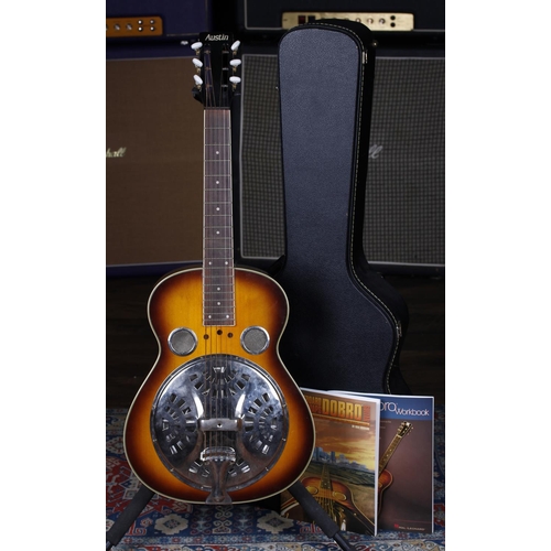 609 - Austin square neck single cone resonator guitar, with Dobro method manuals, picks, slide and within ... 
