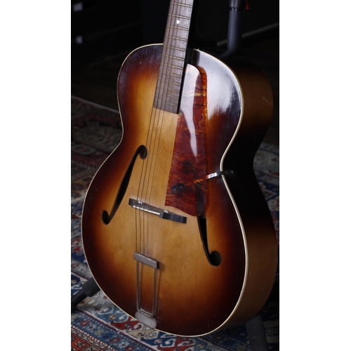610 - 1950s Aristone archtop guitar; Body: tobacco sunburst finish, lacquer checking, minor dings and scuf... 