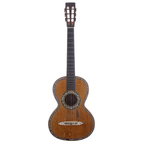3502 - Interesting German parlour guitar; Back and sides: birds eye maple, split to centre back, heavy mark... 