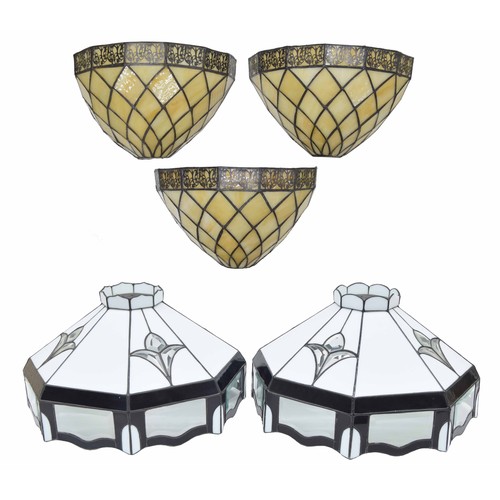554 - Two decorative octagonal stained and milk glass ceiling light shades, 19