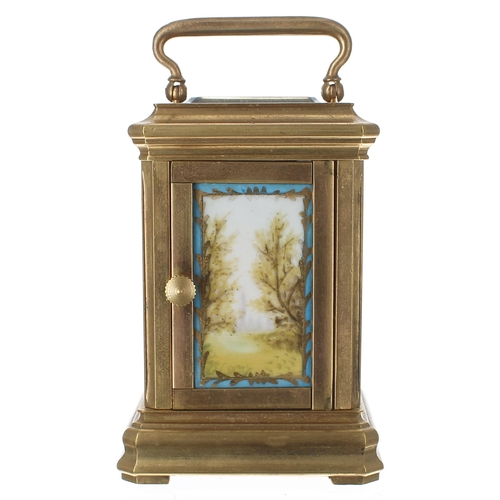 1252 - Miniature contemporary carriage clock timepiece with painted porcelain panels, the movement back pla... 