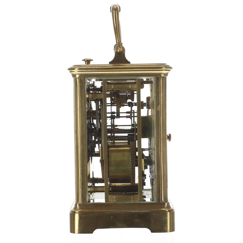 1230 - Small French repeater carriage clock striking on a gong, the movement back plate stamped Made in Fra... 