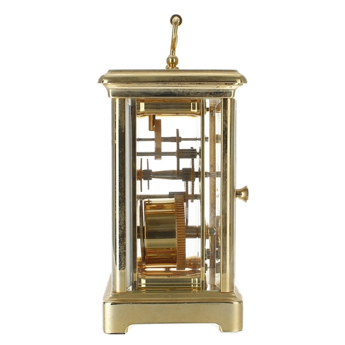 1238 - Contemporary carriage clock timepiece with Alain movement, within a corniche brass case, 5.75