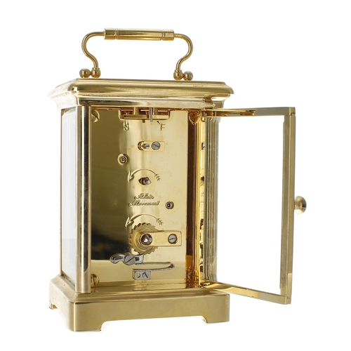 1238 - Contemporary carriage clock timepiece with Alain movement, within a corniche brass case, 5.75