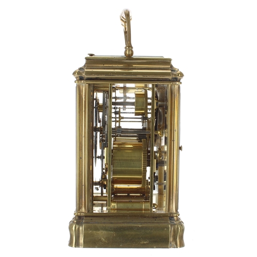 1242 - Good repeater carriage clock with alarm striking on a bell, the movement back plate signed Parkinson... 