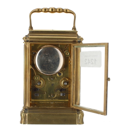 1242 - Good repeater carriage clock with alarm striking on a bell, the movement back plate signed Parkinson... 