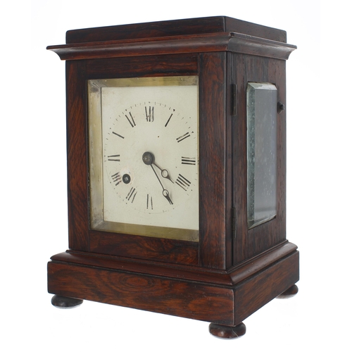 1302 - Small English rosewood single fusee library mantel clock, the cream dial plate within a stepped case... 