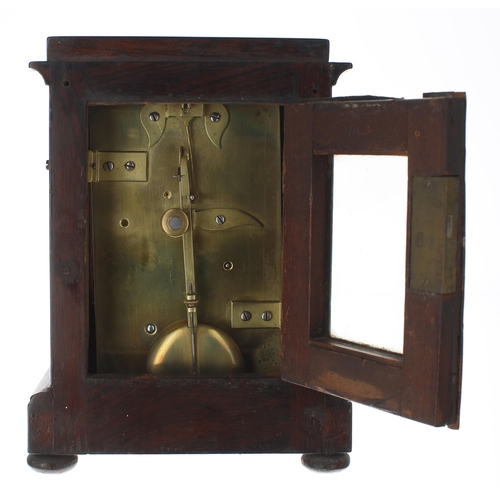 1302 - Small English rosewood single fusee library mantel clock, the cream dial plate within a stepped case... 