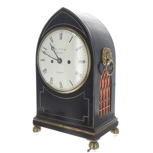 1344 - Good English ebonised double fusee lancet mantel clock, the 7