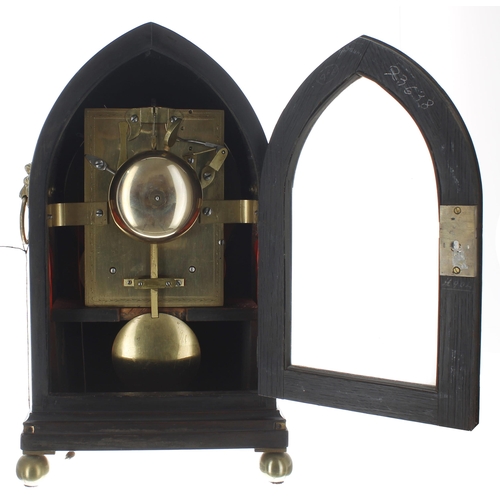 1344 - Good English ebonised double fusee lancet mantel clock, the 7