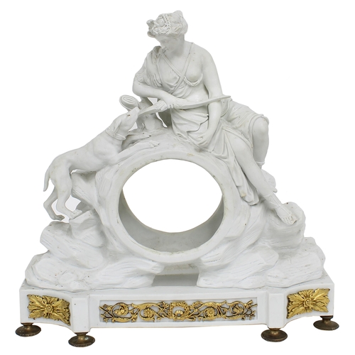 1358 - Early porcelain and ormolu mounted clock case, the aperture surmounted by a seated lady with bow and... 