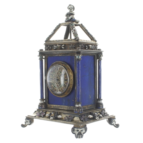 1351 - Good miniature Continental lapis lazuli panelled clock timepiece, the 1