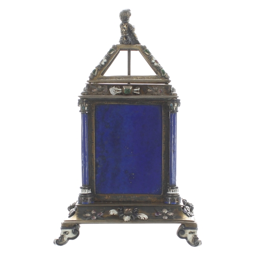 1351 - Good miniature Continental lapis lazuli panelled clock timepiece, the 1