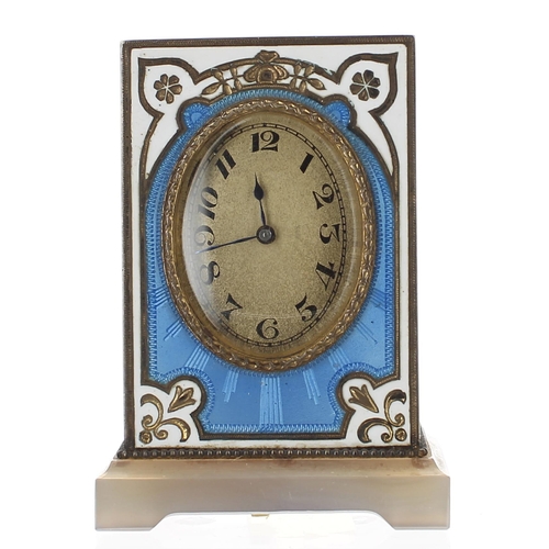 1365 - Very fine Swiss miniature blue guilloche and white enamel silver cased clock timepiece, the silver b... 