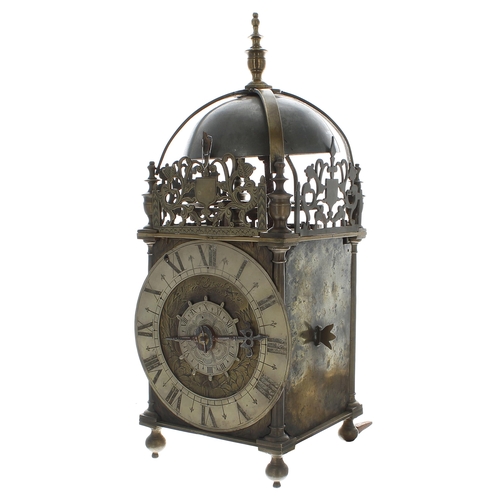 1384 - Good English second period hoop and spike brass lantern clock with balance wheel escapement, the 6.2... 