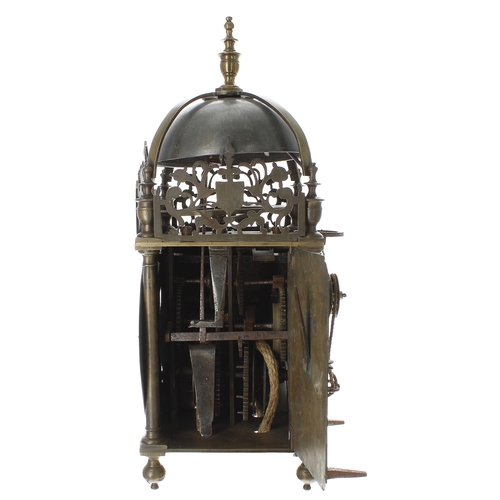 1384 - Good English second period hoop and spike brass lantern clock with balance wheel escapement, the 6.2... 