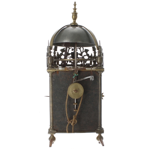 1384 - Good English second period hoop and spike brass lantern clock with balance wheel escapement, the 6.2... 