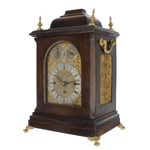 1364 - Good small English fruitwood triple fusee bracket clock, the 4.75