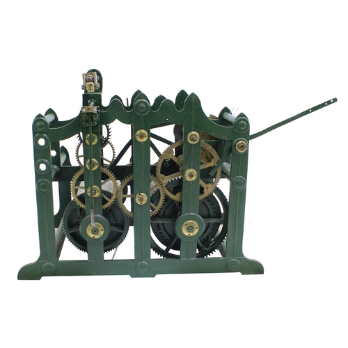 1337 - Interesting two train turret clock, the movement within a dark green painted cast iron chair frame w... 