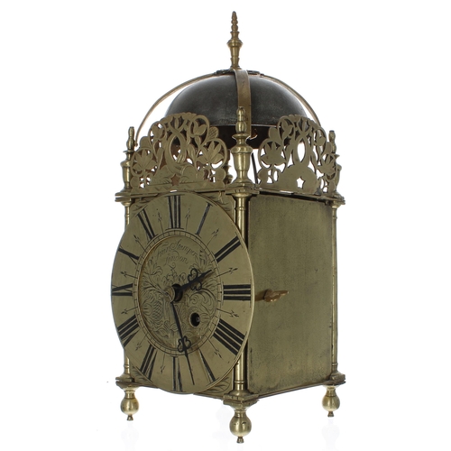 1378 - English period brass lantern clock case with later single fusee movement, the 6.25