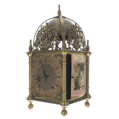 1502 - 19th century brass two train lantern clock, the W&H patent movement striking on a large bell, th... 