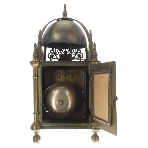 1502 - 19th century brass two train lantern clock, the W&H patent movement striking on a large bell, th... 