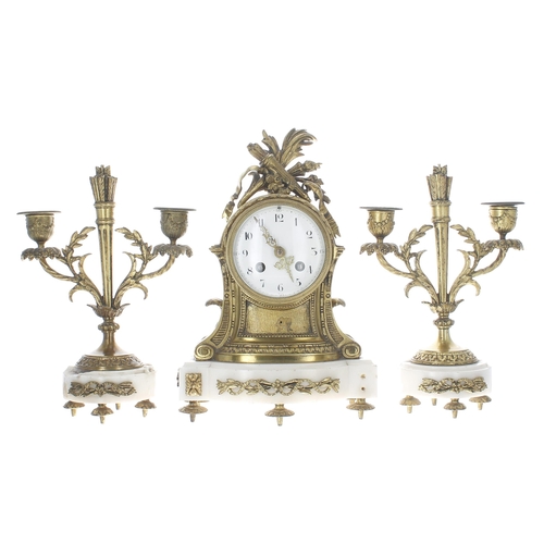 1509 - French ormolu and white marble two train mantel clock garniture striking on a bell, the 3.5