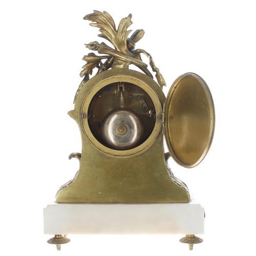 1509 - French ormolu and white marble two train mantel clock garniture striking on a bell, the 3.5