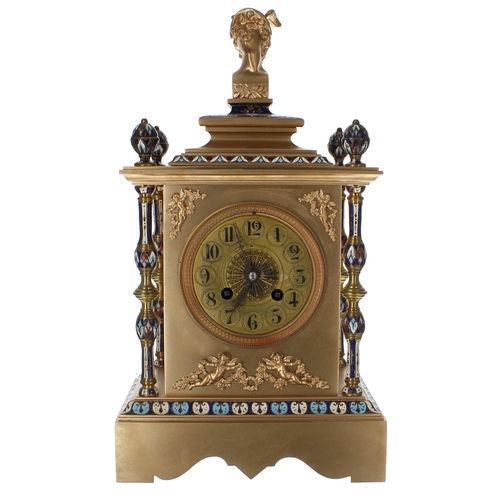 1514 - French brass and cloisonné two train mantel clock striking on a gong, the 3.5