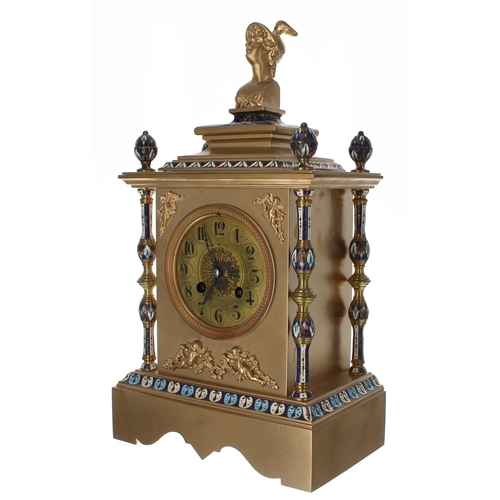 1514 - French brass and cloisonné two train mantel clock striking on a gong, the 3.5