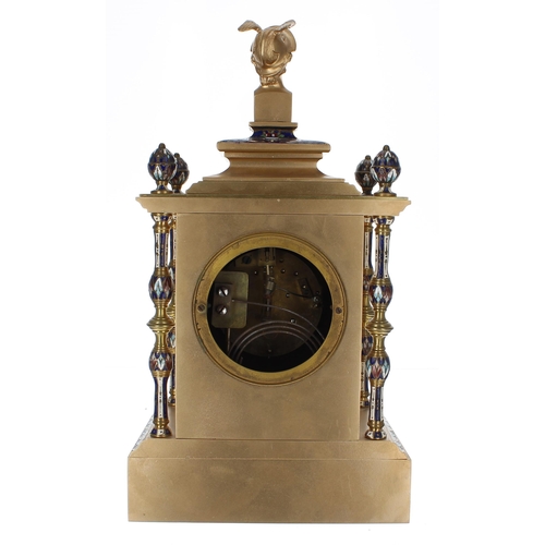 1514 - French brass and cloisonné two train mantel clock striking on a gong, the 3.5