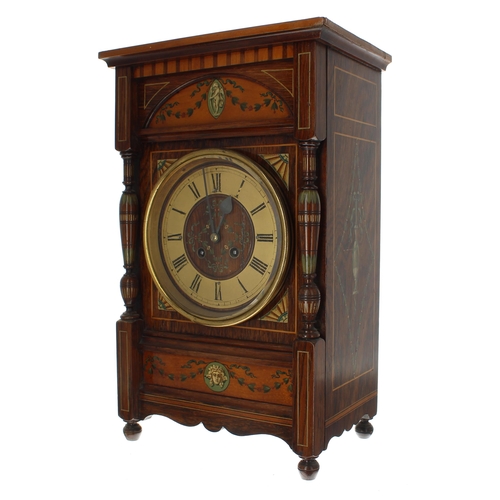 1516 - Attractive oak inlaid Arts & Crafts two train mantel clock striking on a gong, the 5.25