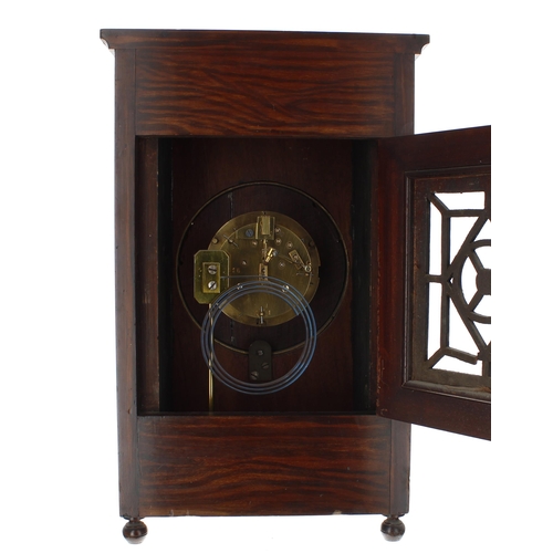 1516 - Attractive oak inlaid Arts & Crafts two train mantel clock striking on a gong, the 5.25