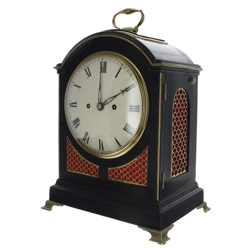 1520 - Good English ebonised double fusee pad top bracket clock, signed Rob Simpson, Strand, London on an o... 