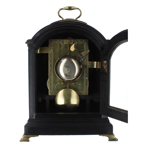 1520 - Good English ebonised double fusee pad top bracket clock, signed Rob Simpson, Strand, London on an o... 