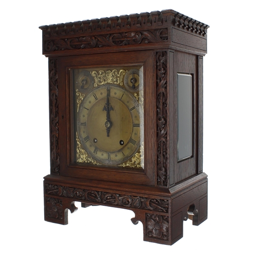 1525 - German Arts & Crafts style oak ting tang mantel clock, the W & H movement striking on two go... 