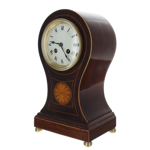 2330 - French mahogany inlaid balloon two train mantel clock striking on a gong, the 3.75