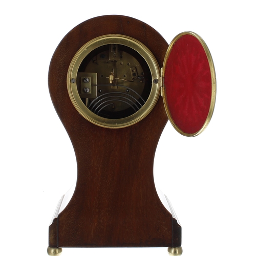 2330 - French mahogany inlaid balloon two train mantel clock striking on a gong, the 3.75