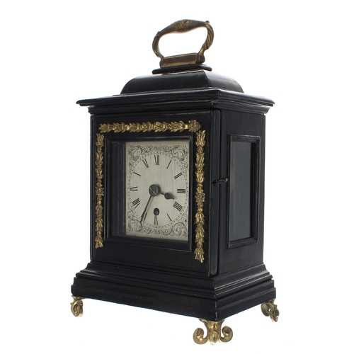 2337 - Ebonised single fusee bracket clock, the silvered dial within a stepped case with gilt metal foliate... 