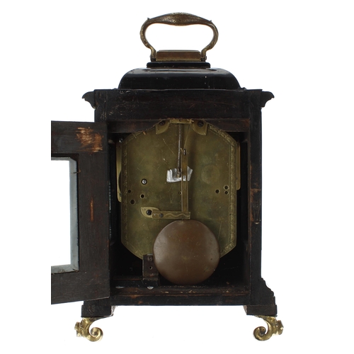 2337 - Ebonised single fusee bracket clock, the silvered dial within a stepped case with gilt metal foliate... 