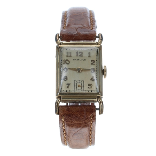 132 - Hamilton 10k gold filled rectangular gentleman's wristwatch, circa 1940s, the silvered dial with app... 