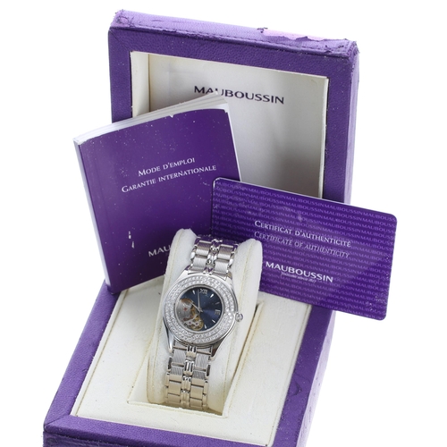 201 - Mauboussin 18ct white gold and diamond lady's wristwatch, reference no. 11863, blue engine turned an... 