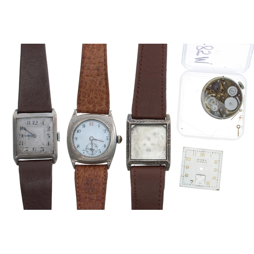 462 - Silver cushion cased gentleman's wristwatch for repair, 30mm; together with a silver square cased wi... 