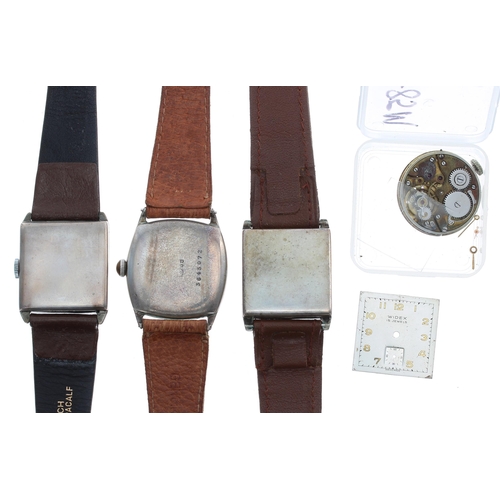 462 - Silver cushion cased gentleman's wristwatch for repair, 30mm; together with a silver square cased wi... 