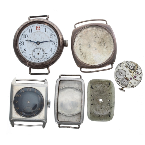 463 - Silver squared cased wire-lug wristwatch for repair, 26mm; together with a silver rectangular cased ... 