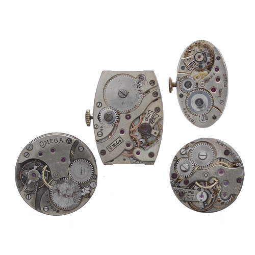 510 - Rolex wristwatch movement; together with two Omega wristwatch movements and a V.W.Co. digital wristw... 